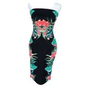 Express Tropical Print Strapless‎ Dress Black Teal Pink Women's Size 4